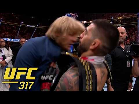 Ilia Topuria shoves Paddy Pimblett after calling him out at #UFC317 | ESPN MMA